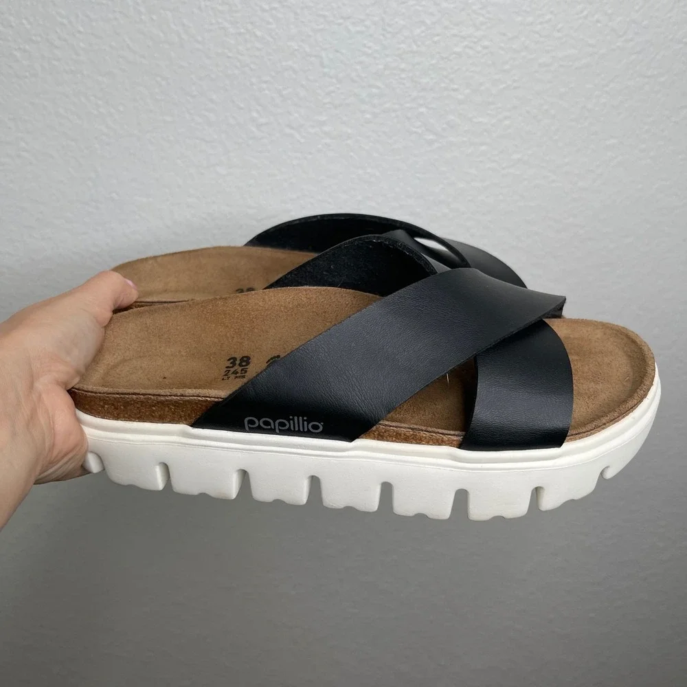 Papillio by Birkenstock Cora Black Leather Cross Strap Platform Sandals 38